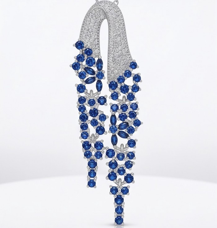 Genuine 3.5 carat Sapphire rhodium over .925 Sterling Silver dipped in rhodium handmade Pendant - Elegant sapphire earrings, front view, sterling silver with rhodium.