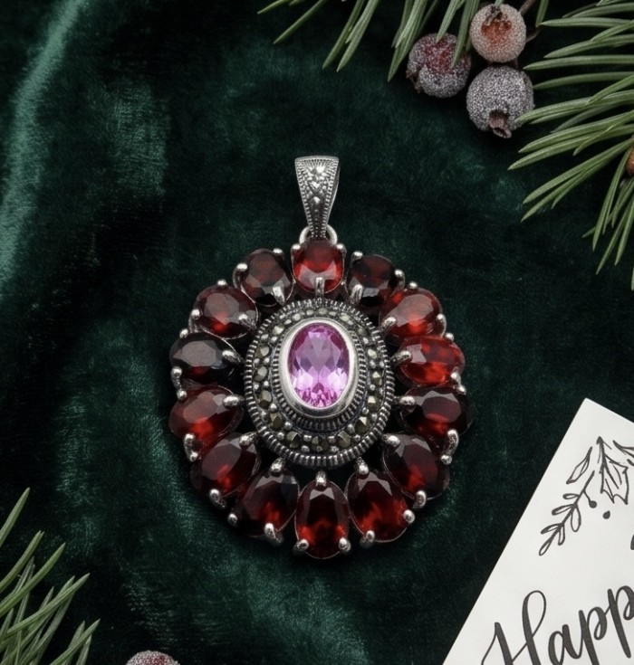 Giovanna 22.2 carat authentic Mozambique Ruby Marcasite .925 Sterling Silver handmade Pendant - Close-up of Giovanna pendant with ruby and marcasite on velvet background.