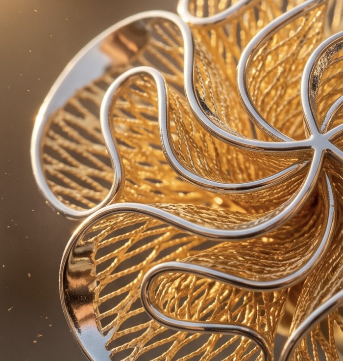Dubai Style - Blooming Golden Rose .925 Sterling Silver dipped in 22K Gold handmade Pendant - Close-up of Dubai Style Blooming Golden Rose sterling silver design