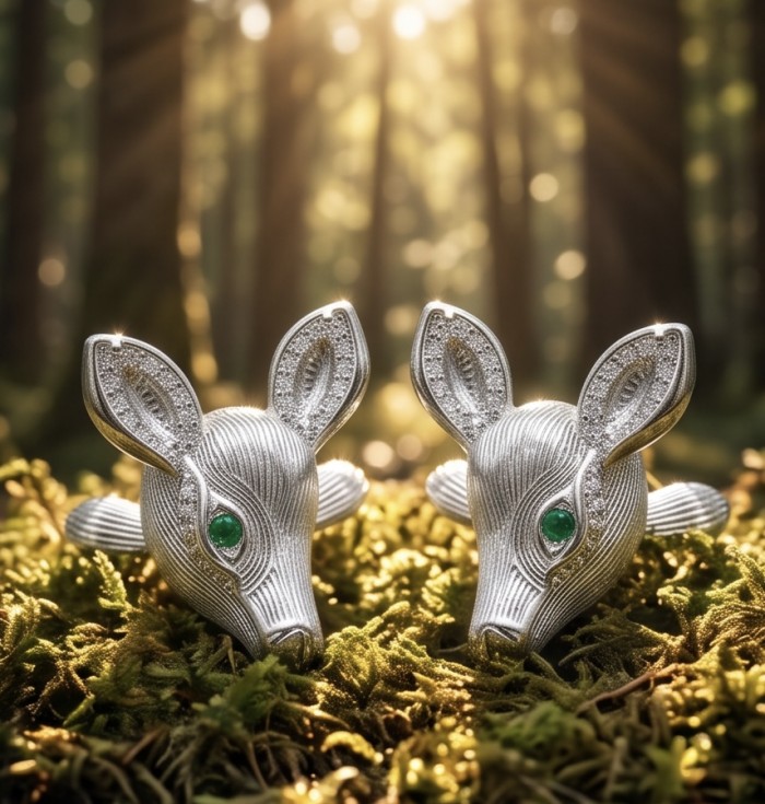 Deer'S Head 0.7 carat Emerald .925 Sterling Silver handmade Statement earrings - Deer head earrings, emerald eyes, frontal view, forest background.