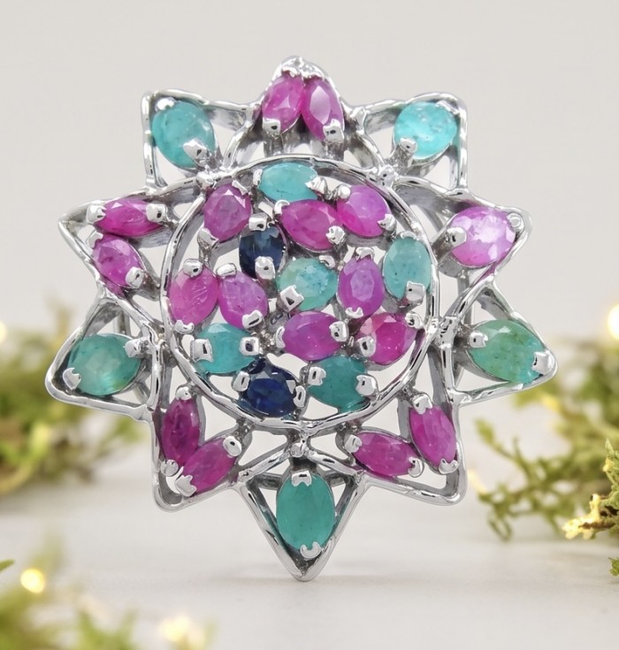 20.5 carat Authentic Kashmir Ruby Emerald Sapphire .925 Sterling Silver handcrafted Pendant and Brooch - Front view of colorful gemstone floral brooch in sterling silver.