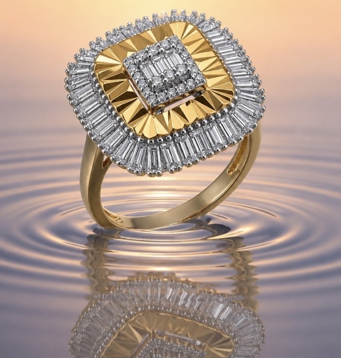 Art Deco 2.2 carat White Topaz 14K Gold over .925 Silver handcrafted Cocktail Ring s. 9 - Art Deco ring with white topaz, gold-silver, front view on water surface.