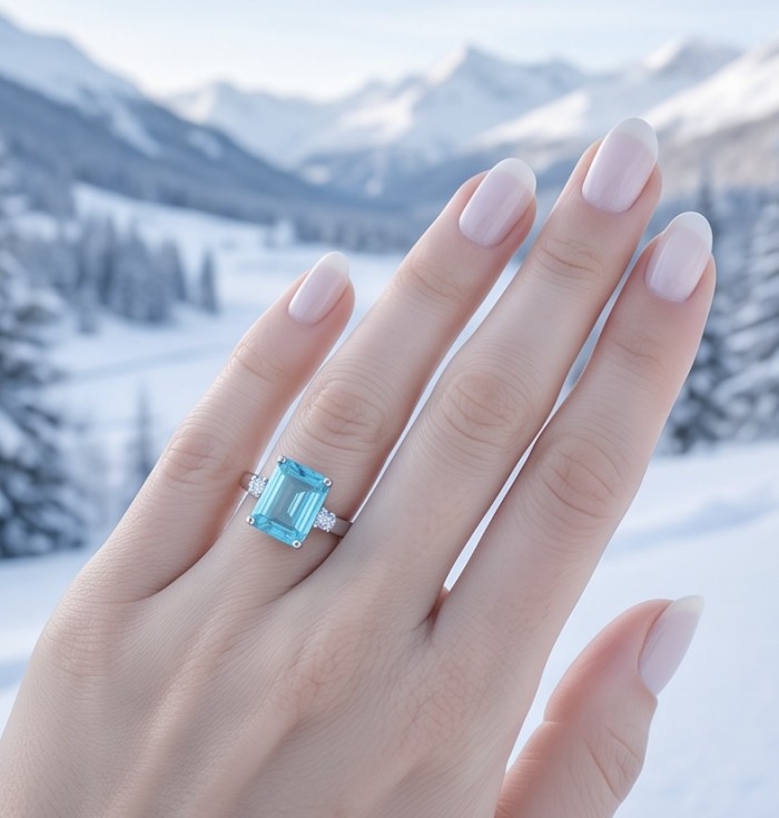 Angelina 5.9 carat authentic Aquamarine .925 Sterling Silver Handcrafted Ring size 6 1/4 - Aquamarine ring on hand in snowy landscape, showcasing the stone