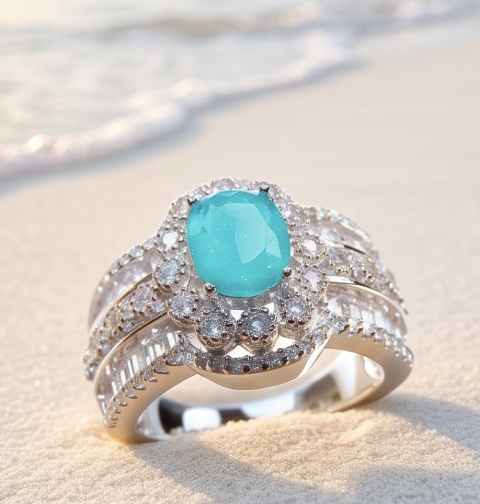 Elizabeth 4.2 carat Colombian Emerald .925 Sterling Silver dipped in Rhodium handcrafted Ring size 7 - Close-up of Elizabeth Colombian Emerald ring on sandy beach.