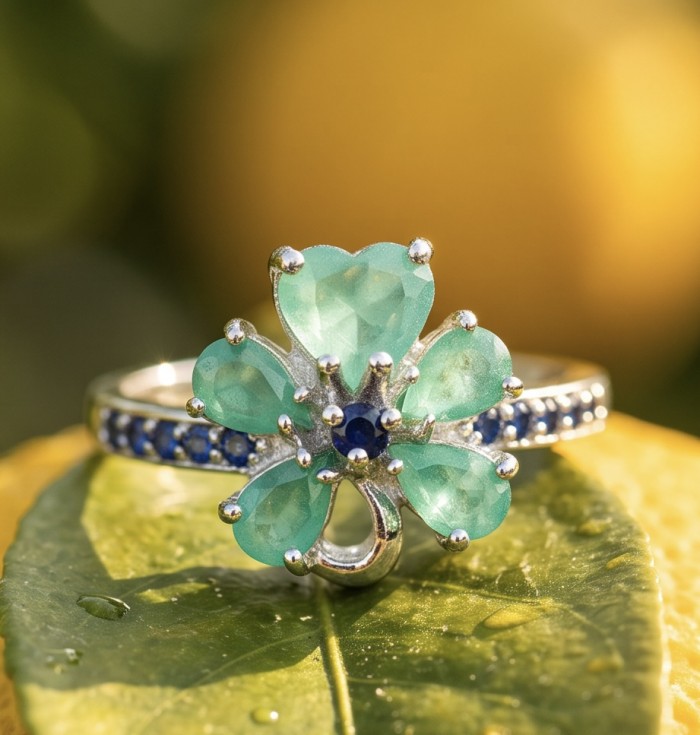 Elizabeth oval cut 6.8 carat Colombian Emerald .925 Sterling Silver dipped in Rhodium handcrafted Ring size 7 - Close-up of emerald flower ring on a leaf, highlighting gemstone details.