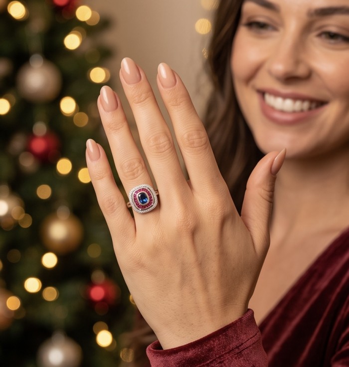 Art Deco 8.6 ctw Colombian Sapphire Rhodium over .925 Sterling Silver handcrafted Statement Ring size 8 - Woman wearing Art Deco Colombian sapphire ring, hand towards camera.