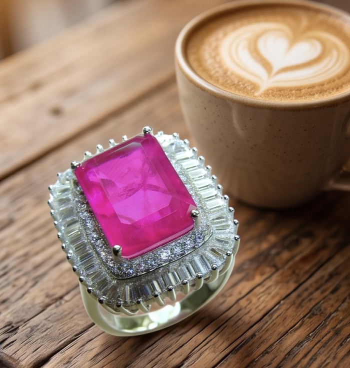 12.8 carat Brazilian Pink Topaz .925 Sterling Silver dipped in rhodium Perfectly handcrafted Ring s. 7 3/4 - Close-up of pink topaz ring on wood table next to latte.