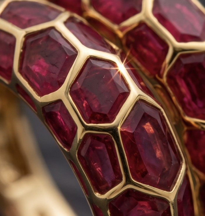 Red Snake Ruby Enamel 18K Gold over 3.5 carat Ruby 22K Gold over .925 Sterling Silver Huge handcrafted Ring s. 6 - Close-up of red rubies in gold snake pattern jewelry