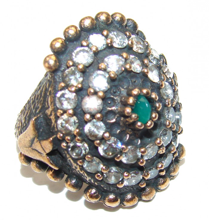 Victorian Style created Emerald & White Topaz Copper over Sterling Silver ring; s. 6 3/4 - photo 1