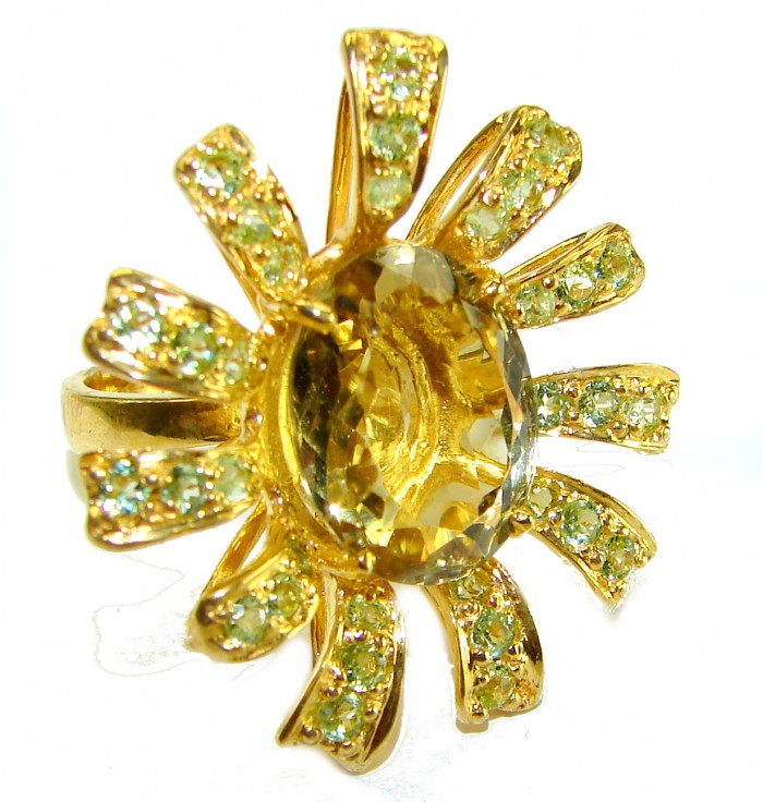 Golden Flower 10.5 carat Authentic Citrine Peridot 14K Gold over .925 Sterling Silver handcrafted Statement ring size 7 - photo 3
