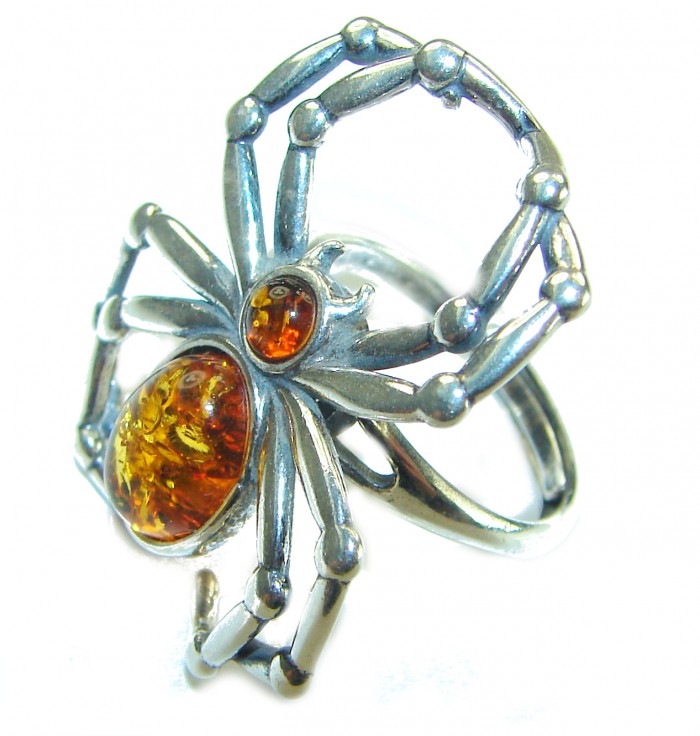 Golden Spider Authentic Baltic Amber .925 Sterling Silver handcrafted ring; s. 7 adjustable - Front view of spider-shaped silver ring with amber stones.
