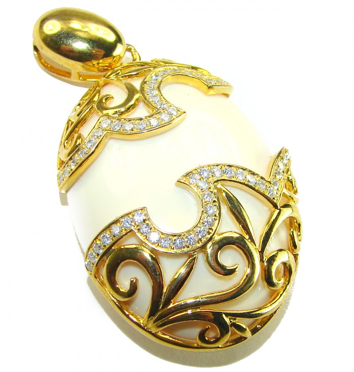 Rare finding! Perfect quality White Jade 14K Gold over .925 Sterling Silver handmade Pendant - Gold and diamond-accented white jade pendant, close-up view.