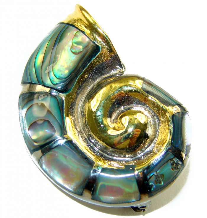 Atlantis Natural Rainbow Abalone 18K Gold over .925 Sterling Silver handmade Pendant - Atlantis Abalone 18K Gold Sterling Ammonite Brooch, top view.
