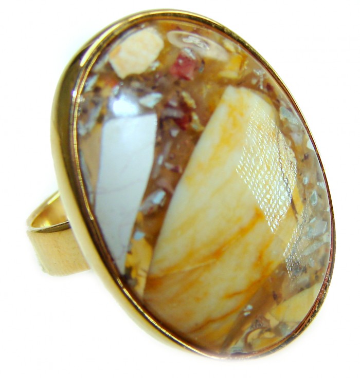 Flawless Australian Bracciated Mookaite 14K Gold over .925 Sterling Silver Ring size 6 adjustable - Close-up of Australian Bracciated Mookaite ring with 14K gold over .925 silver.