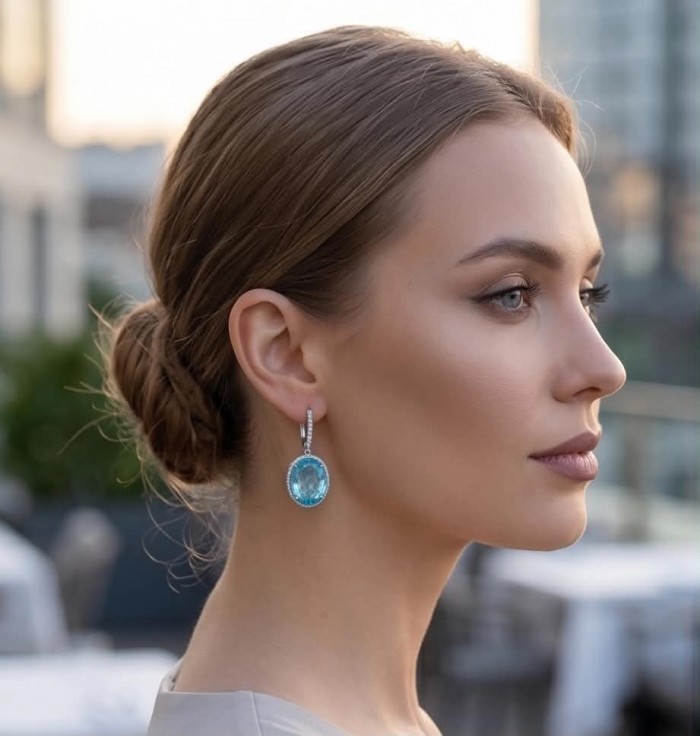Angelina 20.9 carat authentic Aquamarine .925 Sterling Silver Handcrafted Earrings - Side view of woman wearing Angelina 20.9 carat aquamarine earrings
