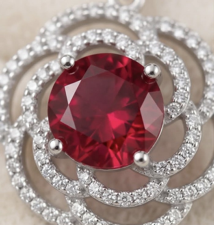 Giovanna Natural 7.8 carat Red Topaz .925 Sterling Silver handcrafted Statement earrings - Close-up of 7.8 carat red topaz in sterling silver setting