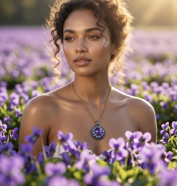 Mademoiselle - 10.4 carat natural Amethyst .925 Sterling Silver dipped in 22K White Gold handcrafted Pendant - Woman wearing amethyst necklace in a field of purple flowers.