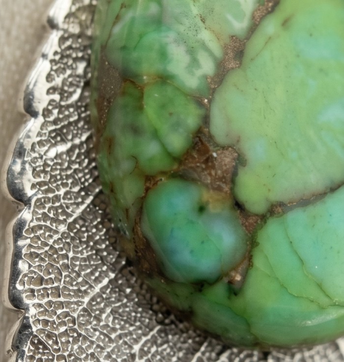 Stylish REAL Leaf dipped in .925 Sterling Silver Turquoise Pendant - Turquoise stone close-up on silver leaf jewelry detail