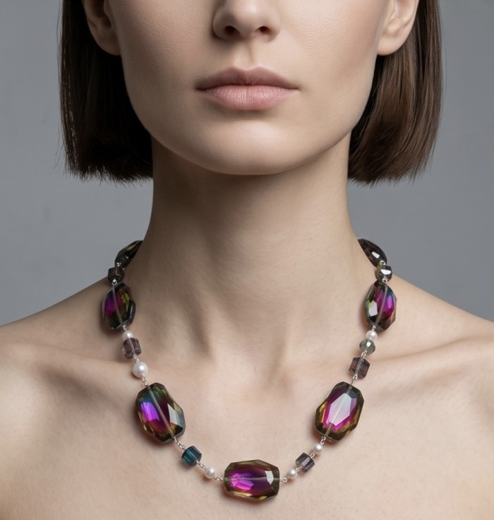 Bohemian Style Genuine Titanium Aura Quartz .925 Sterling Silver handmade necklace - Necklace worn showcasing titanium aura quartz stones.