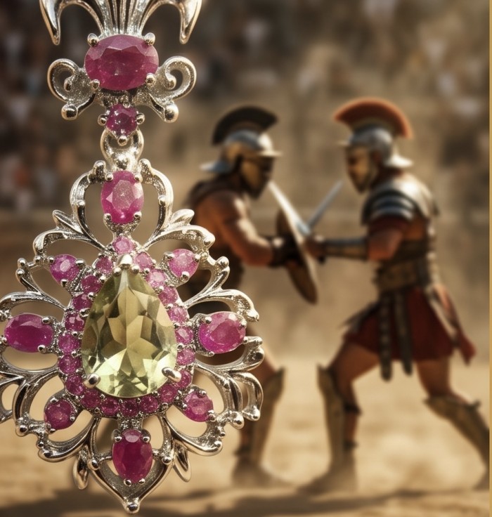 Giovanna - Authentic 28.9 carat Green Amethyst Ryby .925 Sterling Silver dipped in rhodium handcrafted earrings - Close-up of Giovanna jewelry with green amethyst and pink ruby stones