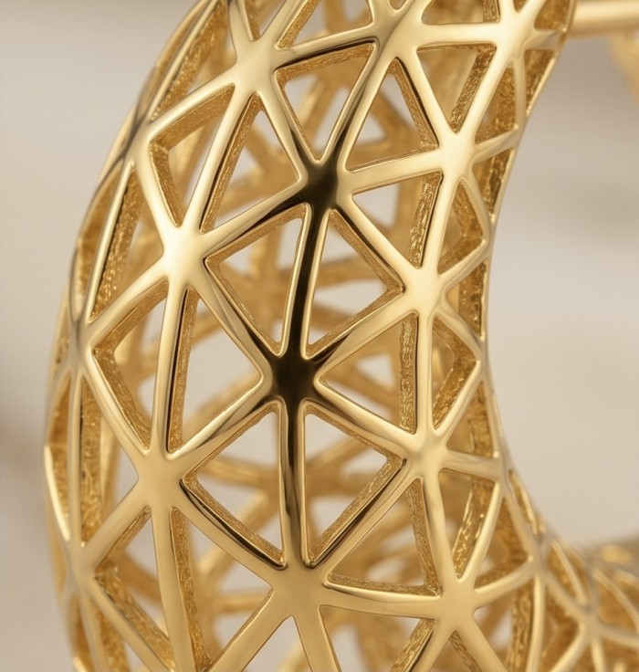 Dubai Style - .925 Sterling Silver dipped in 22K Gold handmade Earrings - Close-up of intricate lattice pattern, 22K gold-plated silver jewelry.