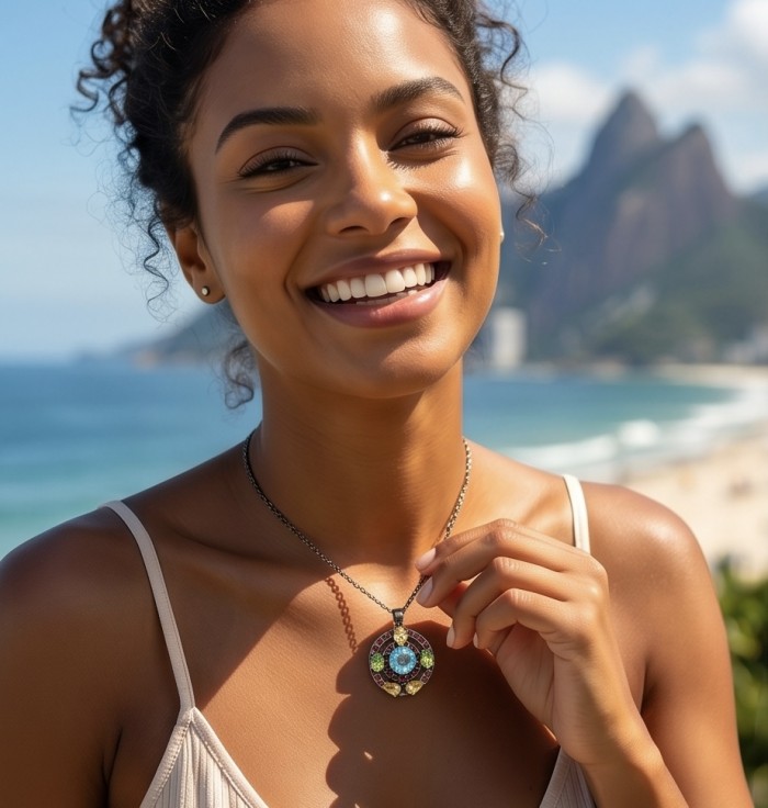 Atlantica - amazing quality 5.5 CARAT genuine Swiss Blue Topaz black rhodium over .925 Sterling Silver handmade pendant - Close-up of woman wearing Atlantica pendant with Swiss Blue Topaz.