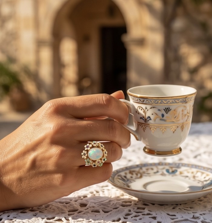 Enchantment Genuine 10.8 carat Opal 18K Gold over .925 Sterling Silver handmade Ring size 6 1/4 - Opal ring worn on hand holding ornate teacup, outdoor scene.