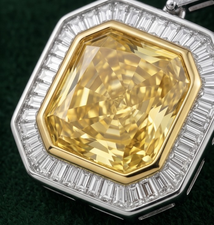 Art Deco - Luxurious assher cut 20.5 carat Yellow Sapphire 18K Gold over .925 Sterling Silver handcrafted earrings - Close-up of luxurious asscher cut yellow sapphire in Art Deco setting.