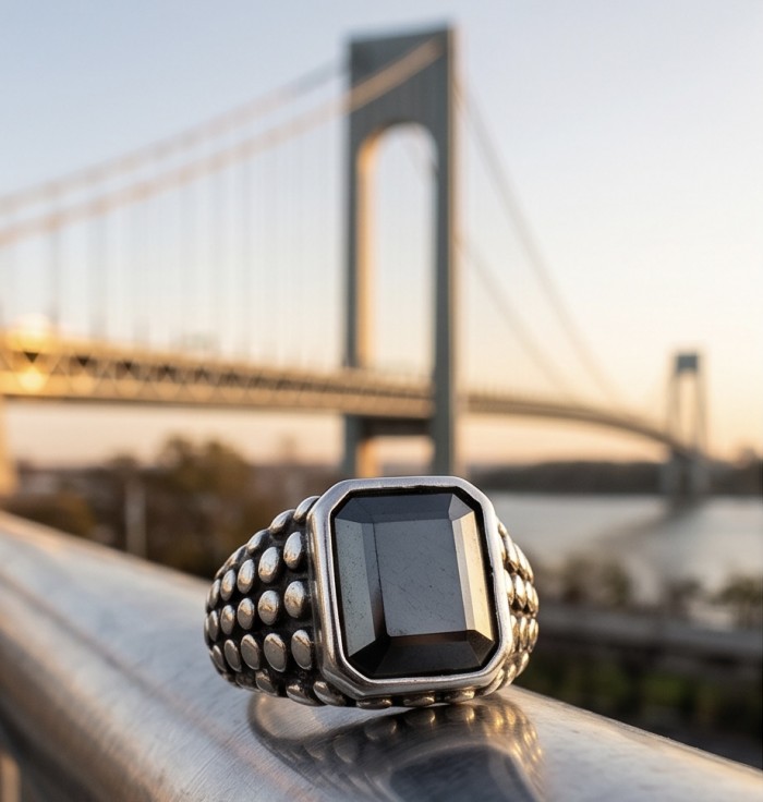The King- Huge 12.5 carat Black Onyx .925 Sterling Silver handcrafted ring; s. 12 - Black Onyx ring close-up on railing with bridge in background