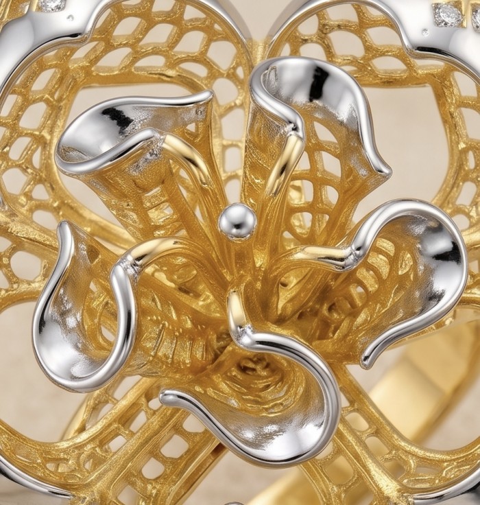 GOLDEN ROSE- Dubai Style - .925 Sterling Silver dipped in 22K Gold handmade Large ring size 7 - Close-up of floral detail on GOLDEN ROSE sterling silver jewelry.