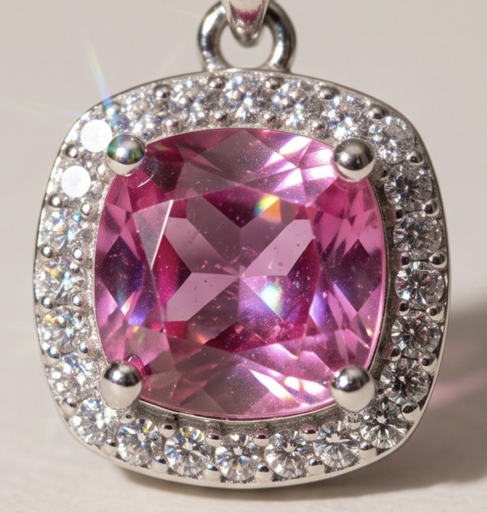 Isabella - delicate 1.9 carat Pink Sapphire .925 Sterling Silver handcrafted Statement Necklace - Close-up of Isabella pink sapphire pendant in .925 sterling silver.