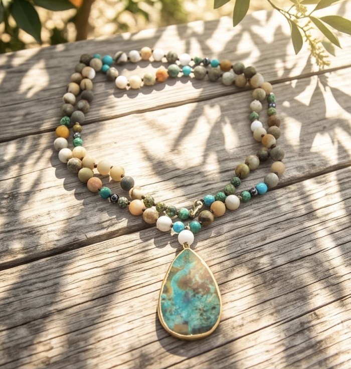 Boho Style - Great quality Chrysocolla .925 Sterling Silver handcrafted Necklace - Boho necklace with chrysocolla pendant on rustic wood surface.