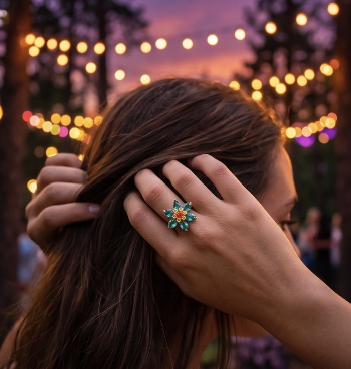 Spinning flower 6.5 carat genuine Green Topaz 14K Gold over .925 Sterling Silver handmade Statement Ring size 8 - Worn on hand, spinning flower ring with green topaz and gold accents.