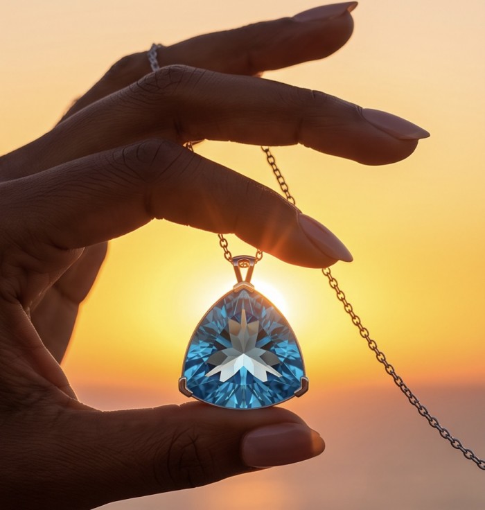Trillion cut 28.5 carat Vintage style Swiss Blue Topaz .925 Sterling Silver DIPPED IN RHODIUM handmade Pendant - Hand holding trillion cut blue topaz pendant with sunset background