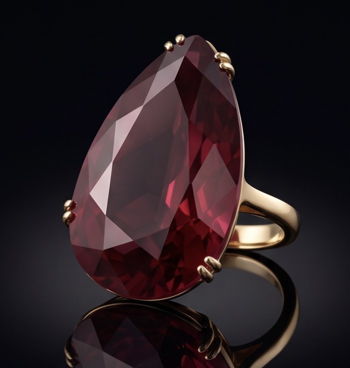 Carmen Natural 25.4 carat Ruby .925 Sterling Silver dipped in 22K Gold handmade Large Statement Ring size 8 - Close-up of Carmen 25.4 carat ruby ring in sterling silver setting.