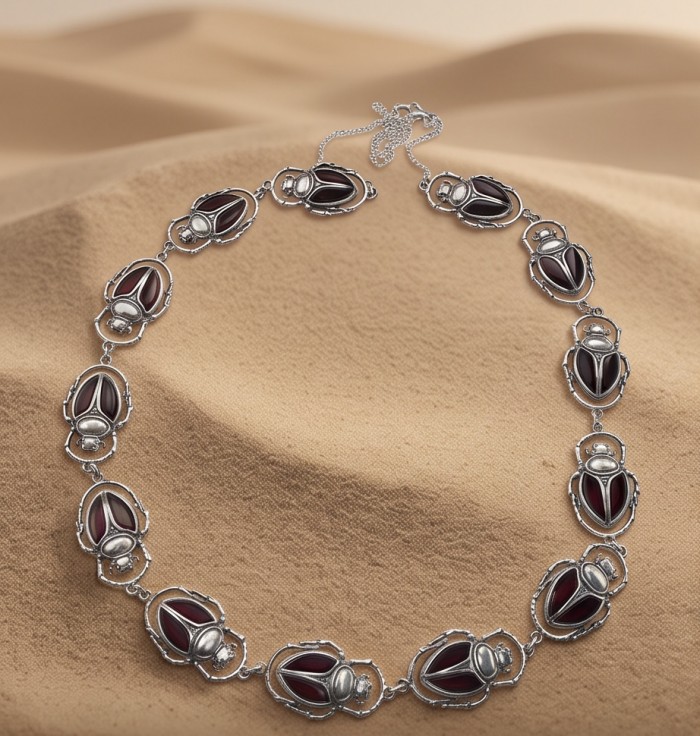 Unique creation - The Egyptian Scarab Beetles natural Baltic Amber .925 Sterling Silver entirely handcrafted necklace - Necklace with Egyptian scarab beetles design on textured background.