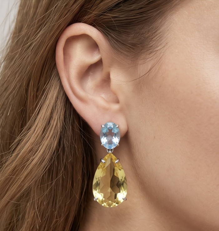 Giovanna - Authentic 27.9 carat Brazilian Citrine .925 Sterling Silver dipped in rhodium handcrafted earrings - Side view of Giovanna earrings with citrine and blue gemstones.