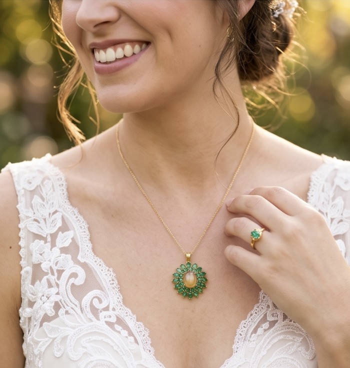 Stella 17.5 carat Brazilian yellow Tourmaline 18K Gold over .925 Sterling Silver handmade Pendant - Necklace close-up worn with lace dress, Stella 17.5 carat Tourmaline