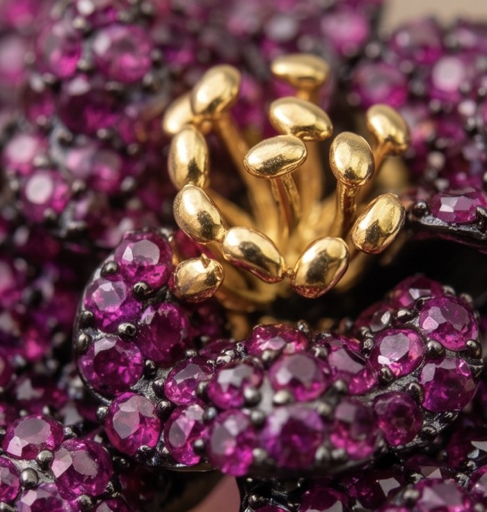 Red Rose 22.5 carat Ruby black rhodium over 18K Gold .925 Sterling Silver handcrafted ring size 6 - Close-up of gold and ruby floral jewelry detail.
