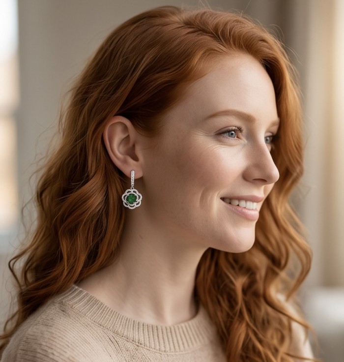 A Heritage in Bloom - Italy made 3.5 carat Chrome Diopside .925 Sterling Silver handcrafted earrings - Side view of model wearing A Heritage in Bloom Chrome Diopside earring