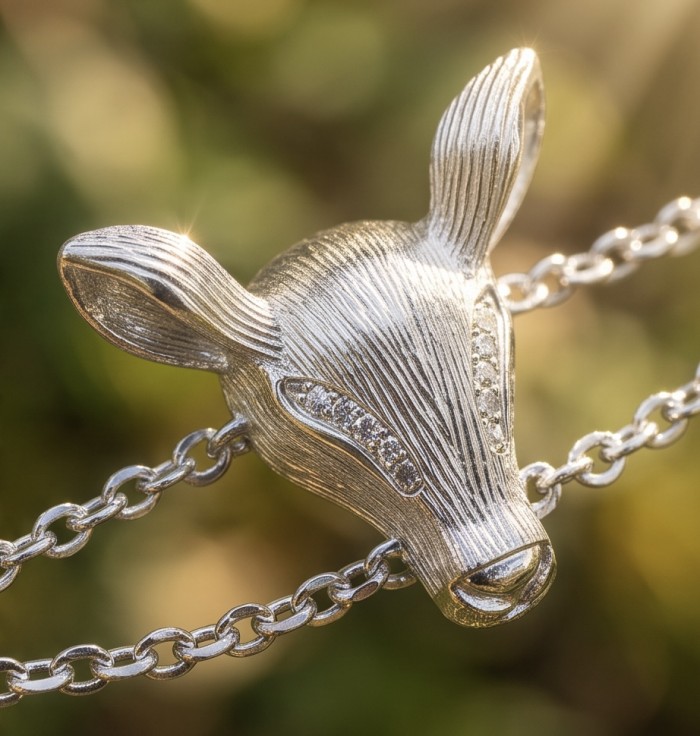 Deer'S Head 0.5 carat Emerald Rhodium over .925 Sterling Silver handmade Statement Bracelet - Deer's head pendant close-up, rhodium over sterling silver, chain shown.