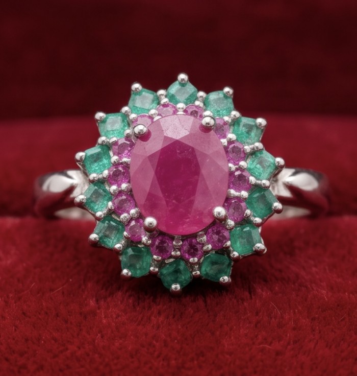 Bella Rosa Genuine 5.5 CARAT Ruby Emerald rhodium over .925 Sterling Silver Statement Ring size 8 - Close-up of Bella Rosa Ruby Emerald ring on red velvet background.