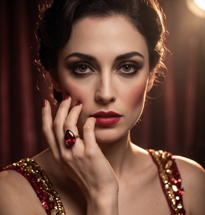 Carmen Natural 25.4 carat Ruby .925 Sterling Silver dipped in 22K Gold handmade Large Statement Ring size 5 3/4 - Woman wearing 25.4 carat ruby ring, close-up on finger and face