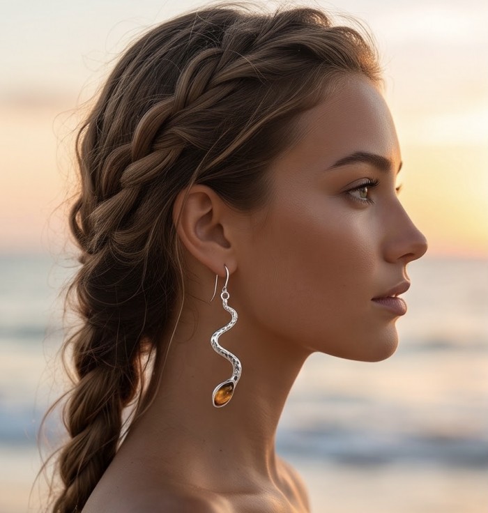 SEAHORSE Style genuine green Baltic Amber .925 Sterling Silver earrings - Side view of SEAHORSE style Baltic Amber earring on model at sunset.