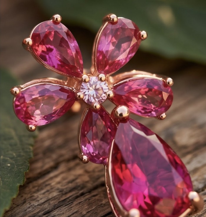 Giovanna - Magnificent floral design- 8.2 carat Kasmir Ruby .925 Sterling Silver dippedin 22K Gold handcrafted incredible Statement earrings - Close-up of Giovanna floral design with 8.2 carat Kashmir rubies