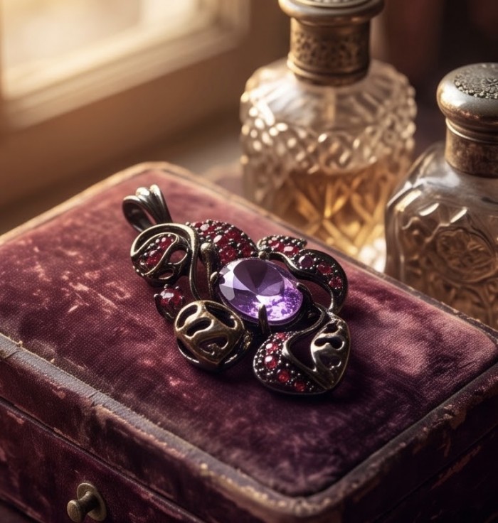 Beautiful Mystery 8.8 carat Precious Amethyst .925 Sterling Silver dipped in black rhodium handcarfted Pendant - Amethyst pendant on velvet box with ornate bottles in background