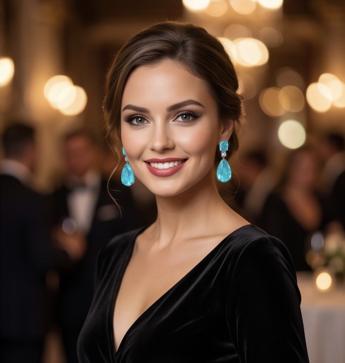 Divine Beauty 18.5 carat Aquamarine .925 Sterling Silver Handcrafted .925 Sterling Silver handcrafted EARRINGS - Woman wearing Divine Beauty aquamarine earrings at an elegant event.