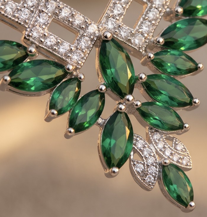 Precious 7.2 carat natural Colombian Emerald rhodium over .925 Sterling Silver .925 Sterling Silver Statement Necklace - Close-up of emerald and diamond accents on Colombian emerald jewelry