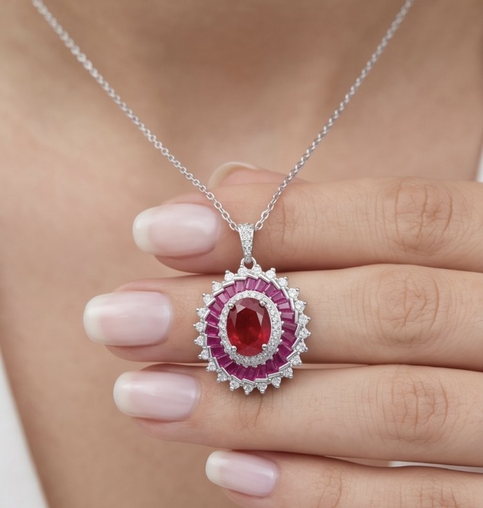 Art Deco - Genuine 3.8 carat Ruby rhodium over .925 Sterling Silver handcrafted Statement Pendant - Close-up of Art Deco ruby pendant worn on hand