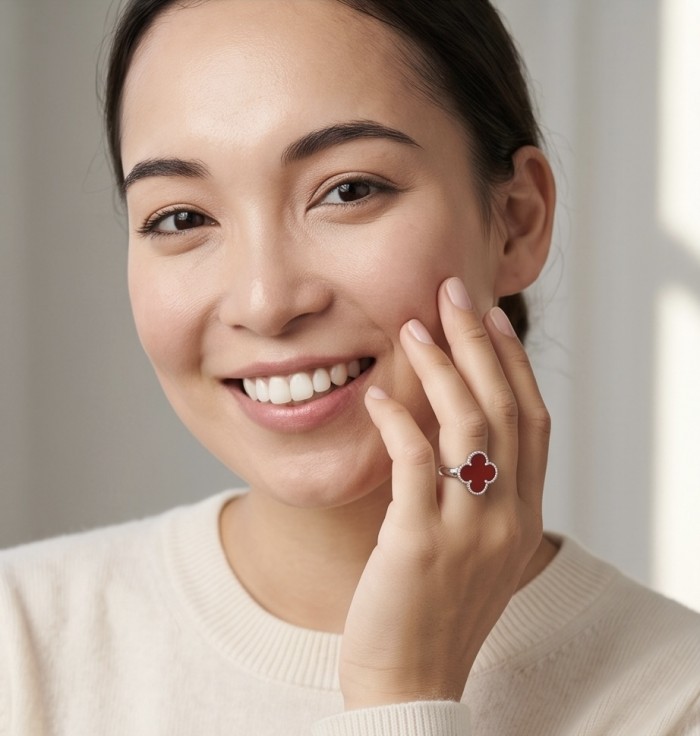A four-leaf clover Coral .925 Sterling Silver handcrafted ring s. 6 1/4 - Woman wearing four-leaf clover coral ring on hand close-up.